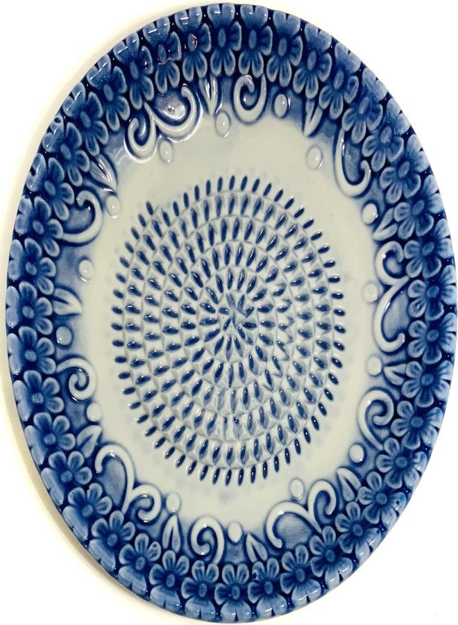 BonCera, All-in-one Premium Ceramic Garlic Grater Plate 4-Piece Set - Blue Embossed Design and Style - For Garlic, Ginger, Chocolate, and more! - Comes with 5.25" Plate, Peeler, Brush, and Stand - Image 4