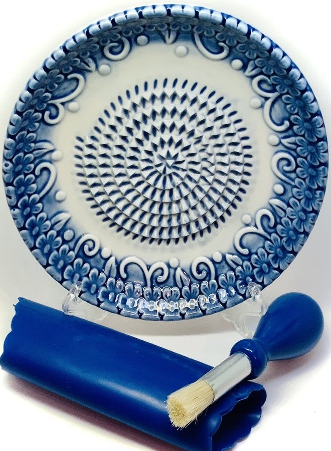 BonCera, All-in-one Premium Ceramic Garlic Grater Plate 4-Piece Set - Blue Embossed Design and Style - For Garlic, Ginger, Chocolate, and more! - Comes with 5.25" Plate, Peeler, Brush, and Stand - Image 5