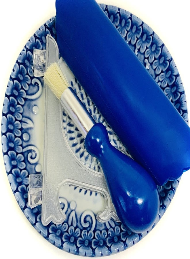 BonCera, All-in-one Premium Ceramic Garlic Grater Plate 4-Piece Set - Blue Embossed Design and Style - For Garlic, Ginger, Chocolate, and more! - Comes with 5.25" Plate, Peeler, Brush, and Stand - Image 3