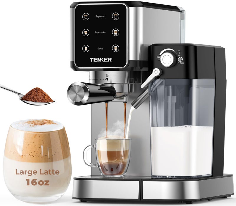 TENKER آلة إسبريسو TENKER 20 بار آلة كابتشينو مع خافق حليب أوتوماتيكي آلة لاتيه بتصميم من الفولاذ المقاوم للصدأ 1350 واط صانعة قهوة بشاشة تعمل باللمس للاستخدام المنزلي والمكتبي فضي