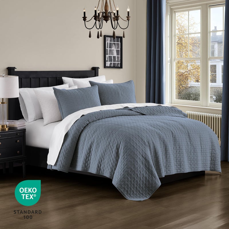 palassio Blue Grey 100% Cotton Quilt Queen Size Bedding Sets with 2 Pillow Shams, Textured Lightweight Soft Bedspread Shabby Chic Coverlet, Quilted Comforter Bed Cover for All Season, 3 Pieces - Image 2