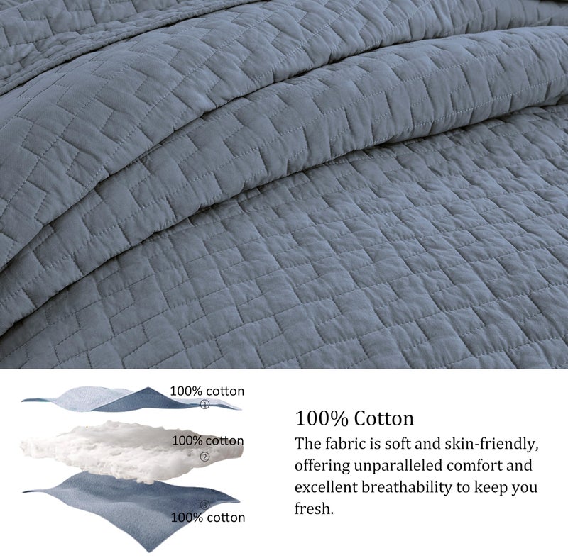 palassio Blue Grey 100% Cotton Quilt Queen Size Bedding Sets with 2 Pillow Shams, Textured Lightweight Soft Bedspread Shabby Chic Coverlet, Quilted Comforter Bed Cover for All Season, 3 Pieces - Image 5