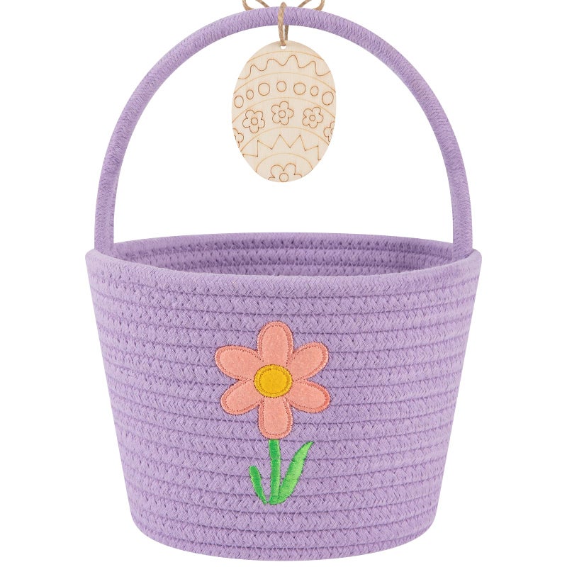 OIAHOMY Easter Basket with Handle, Personalized Bunny Easter Basket for Kids, Woven Rope Gift Empty for Eggs, Baby Treasure Hunt Baskets with Wooden Card for Boys and Girls - Purple - Image 1