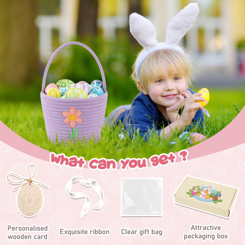 OIAHOMY Easter Basket with Handle, Personalized Bunny Easter Basket for Kids, Woven Rope Gift Empty for Eggs, Baby Treasure Hunt Baskets with Wooden Card for Boys and Girls - Purple - Image 2