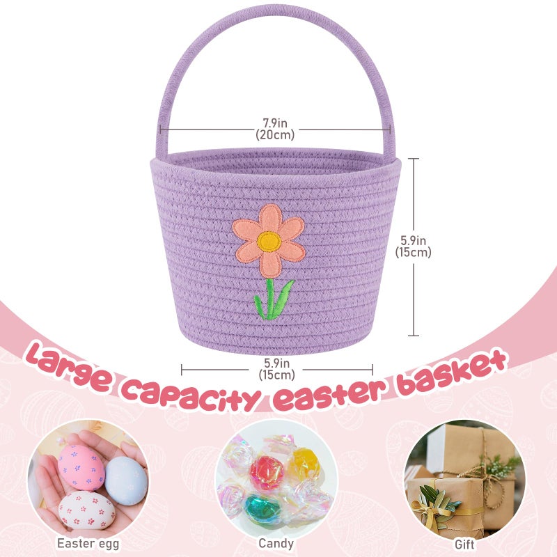 OIAHOMY Easter Basket with Handle, Personalized Bunny Easter Basket for Kids, Woven Rope Gift Empty for Eggs, Baby Treasure Hunt Baskets with Wooden Card for Boys and Girls - Purple - Image 5
