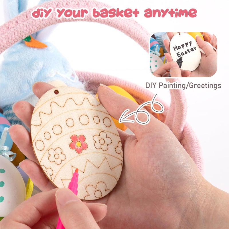 OIAHOMY Easter Basket with Handle, Personalized Bunny Easter Basket for Kids, Woven Rope Gift Empty for Eggs, Baby Treasure Hunt Baskets with Wooden Card for Boys and Girls - Purple - Image 3