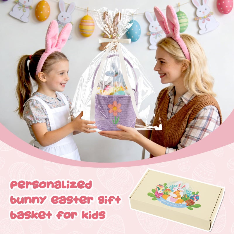 OIAHOMY Easter Basket with Handle, Personalized Bunny Easter Basket for Kids, Woven Rope Gift Empty for Eggs, Baby Treasure Hunt Baskets with Wooden Card for Boys and Girls - Purple - Image 4