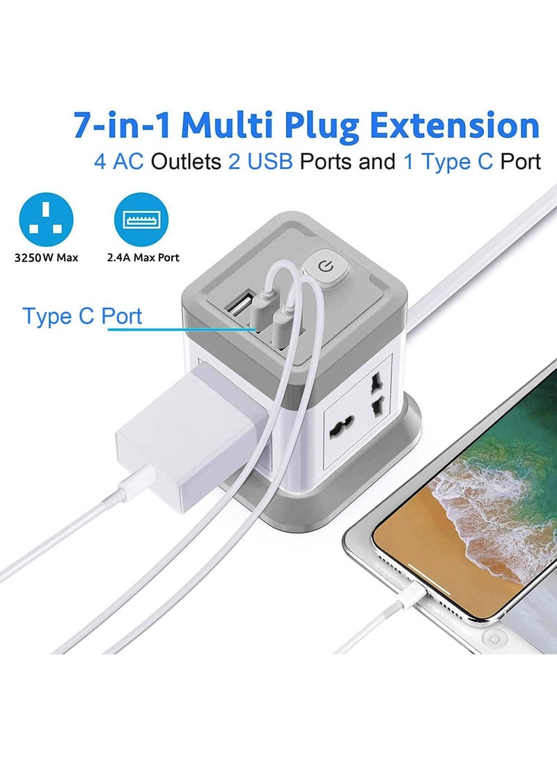 TYCOM - Power Strip Surge Protector with USB + Type C, Extension Cord Flat Plug with Widely 4 AC Outlet and 2 USB 1 Type C, Small Desktop Station, Compact Socket for Multi Places - Grey and White. - Image 1