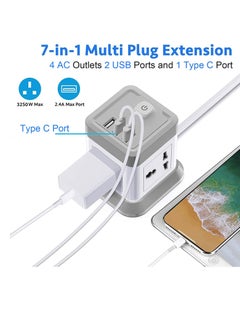 TYCOM Power Strip Surge Protector with USB + Type C, Extension Cord Flat Plug with Widely 4 Sockets and 3 USB Ports, Small Desktop Station, Compact Socket for Multi Places - Grey and White.  - Image 3