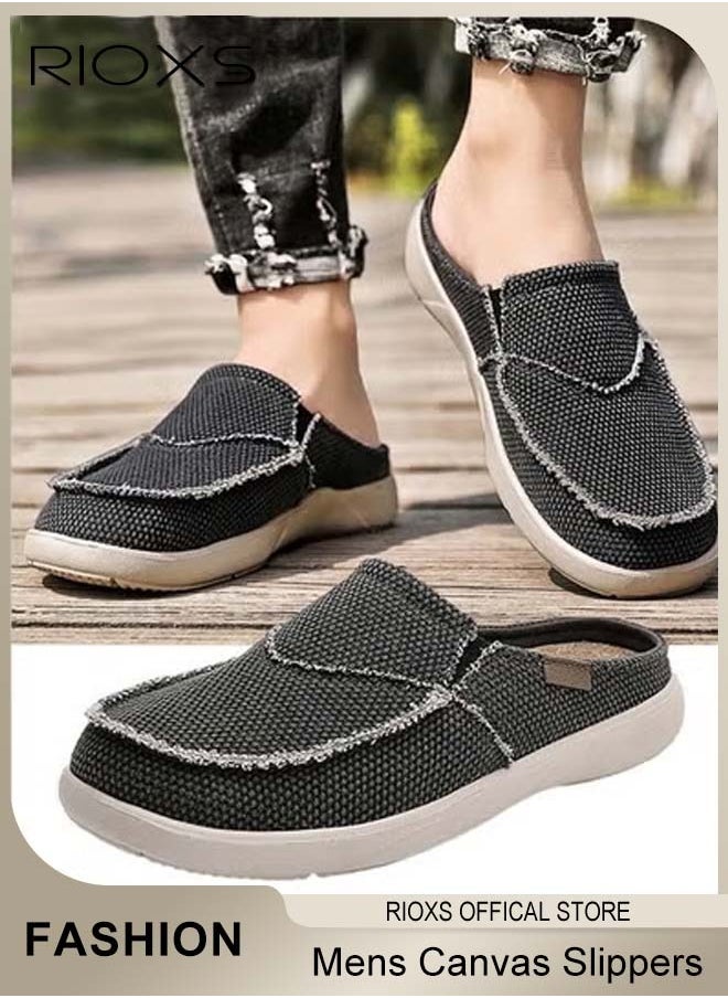 RIOXS Mens Canvas Slippers, Slip On Casual Loafers Shoes, Men's Orthopedic Slippers With Arch Support, Indoor Outdoor House Shoes With Anti-Skid Rubber Sole, Lightweight Slippers For Office Shopping And Daily Wear  - Image 1