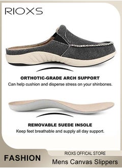 RIOXS Mens Canvas Slippers, Slip On Casual Loafers Shoes, Men's Orthopedic Slippers With Arch Support, Indoor Outdoor House Shoes With Anti-Skid Rubber Sole, Lightweight Slippers For Office Shopping And Daily Wear  - Image 3