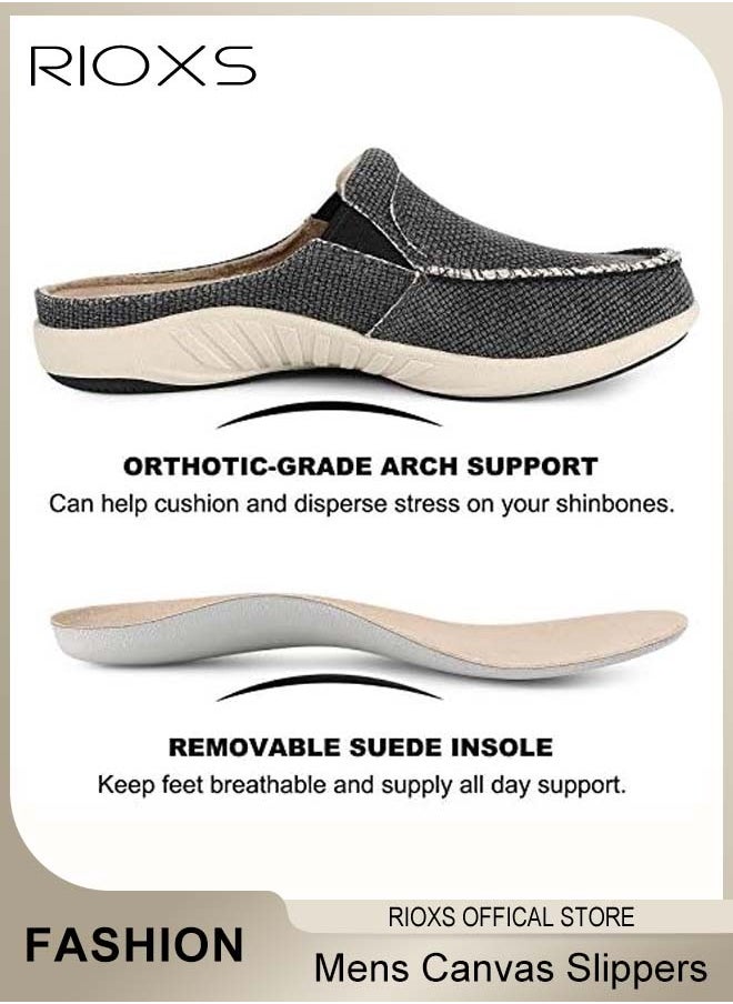 RIOXS Mens Canvas Slippers, Slip On Casual Loafers Shoes, Men's Orthopedic Slippers With Arch Support, Indoor Outdoor House Shoes With Anti-Skid Rubber Sole, Lightweight Slippers For Office Shopping And Daily Wear  - Image 3