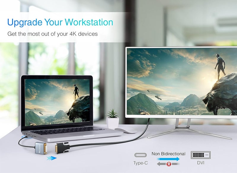 BlueRigger Premium USB C 3.1 Male to DVI-D Female Adapter (Thunderbolt 3 Compatible) for MacBook Pro 2017/18/19/20, MacBook Air/iPad Pro 2020, Surface Book 2, Note 10 and More (20 CM) - Image 2