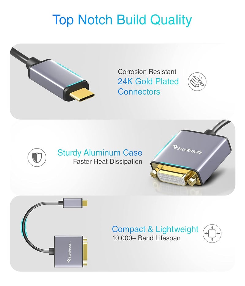 BlueRigger Premium USB C 3.1 Male to DVI-D Female Adapter (Thunderbolt 3 Compatible) for MacBook Pro 2017/18/19/20, MacBook Air/iPad Pro 2020, Surface Book 2, Note 10 and More (20 CM) - Image 5