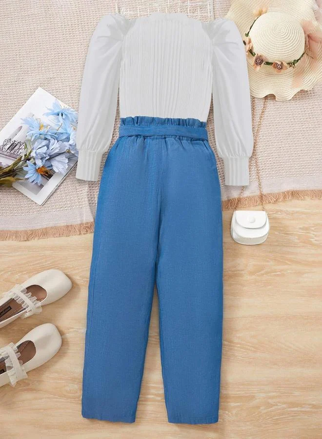 تايك تو طقم من بلوزة بأكمام منفوخة بنسيج مع بنطال بأرجل واسعة