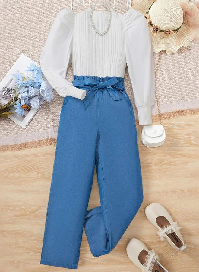 تايك تو طقم من بلوزة بأكمام منفوخة بنسيج مع بنطال بأرجل واسعة