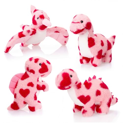 LaRandom 4 Pcs Valentines Gifts for Kids Pink Dinosaur Stuffed Animals Holding Heart 10 Inch Cute Soft Dinosaur Plushies Valentines Day Party Gifts for Girls Girlfriend Families Birthday Anniversary - Image 1