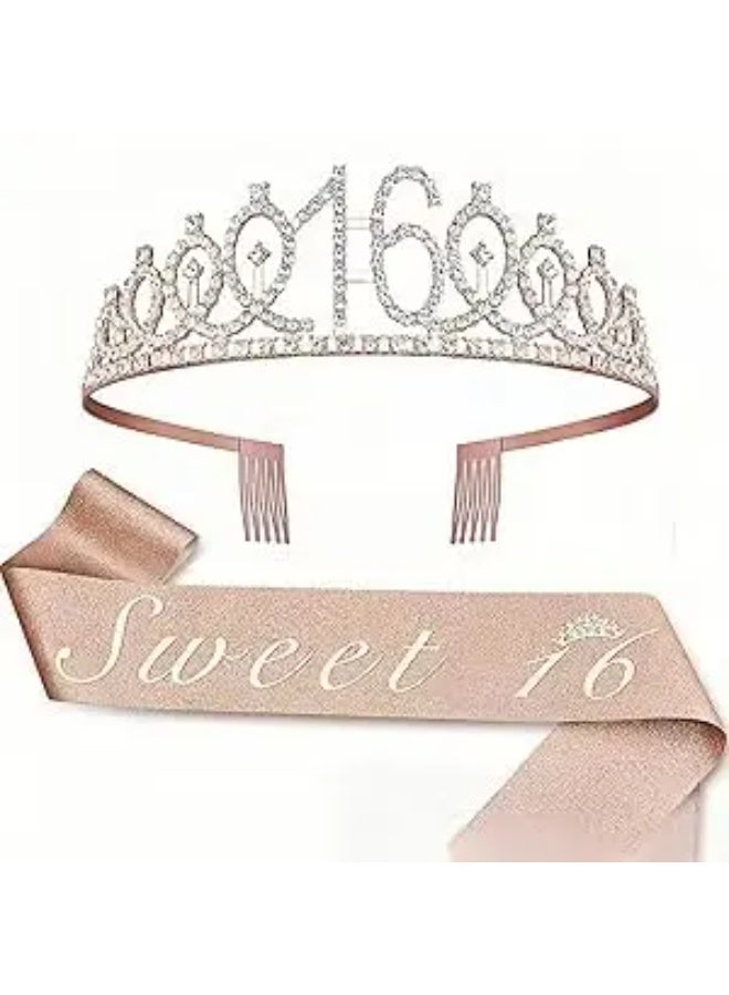لوازم حفلات عيد الميلاد السادس عشر - مجموعة تاج ووشاح ودبوس - ديكورات ليوم مميز للفتيات الصغيرات