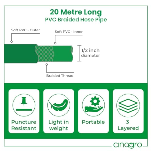 Cinagro 20 Meter 0.5 inch Heavy Duty 3 Layered Braided PVC Garden Hose Pipe with Jet Spray, Tap Adapter & 3 Clamps, Water Pipe for Garden, Car Washing, Garden Pipe for Home (65.6 feet, Green) - Image 3