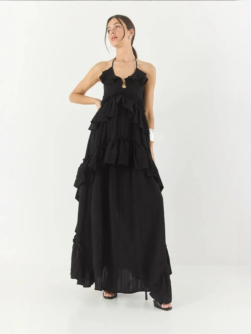 Bianco Lucci LUCCI Halter Collar Textured Maxi Dress with Ruffle