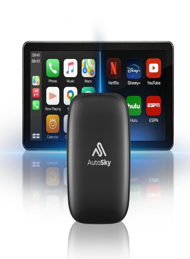AutoSky محول AUTOSKY AI Box Lite Flex اللاسلكي لـ CarPlay و Android Auto مع تطبيقات بث قابلة للتحديد (Netflix و Hulu و Disney+ و Prime Video وغيرها) - التوصيل والتشغيل، يتطلب شاشة لمس - Image 1