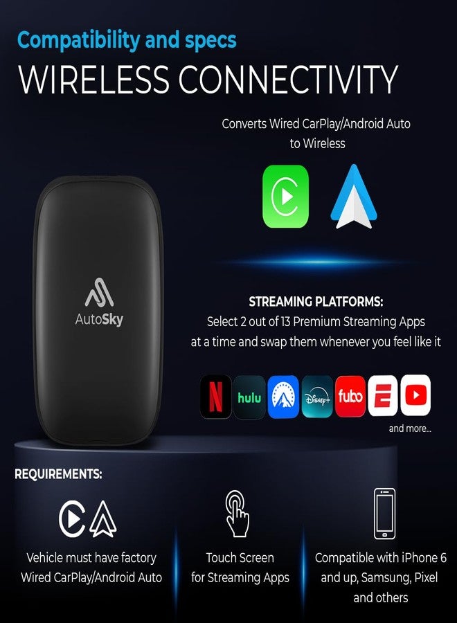 AutoSky محول AUTOSKY AI Box Lite Flex اللاسلكي لـ CarPlay و Android Auto مع تطبيقات بث قابلة للتحديد (Netflix و Hulu و Disney+ و Prime Video وغيرها) - التوصيل والتشغيل، يتطلب شاشة لمس - Image 4