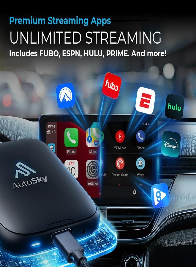 AutoSky محول AUTOSKY AI Box Lite Flex اللاسلكي لـ CarPlay و Android Auto مع تطبيقات بث قابلة للتحديد (Netflix و Hulu و Disney+ و Prime Video وغيرها) - التوصيل والتشغيل، يتطلب شاشة لمس - Image 2