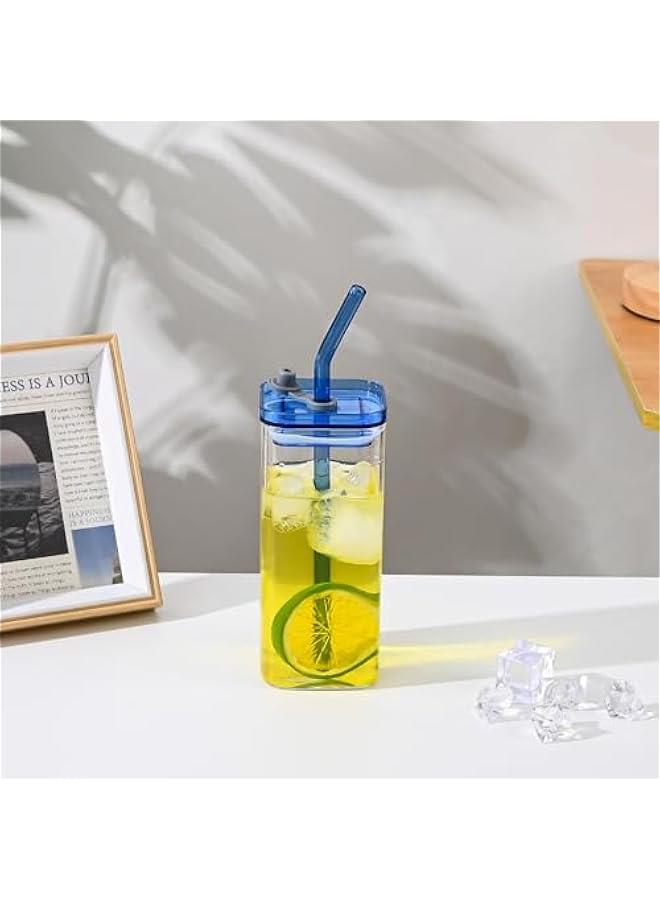 2-Piece Glass Cups with Lids and Straws, Iced Coffee Cup, Glass Tumbler, 12 oz/350 ml Blue Square Drinking Glasses for Coffee Bar (Blue) - Image 3