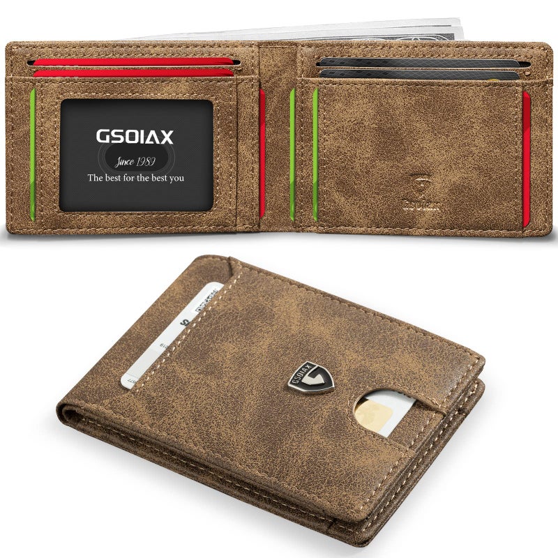GSOIAX محفظة جيسوياكس رفيعة للرجال مع حماية RFID محفظة قابلة للطي من ألياف الكربون لمحفظة جيب أمامية مع 11 حامل بطاقة محفظة رجال بسيطة مع صندوق هدايا (جلد بني) - Image 1