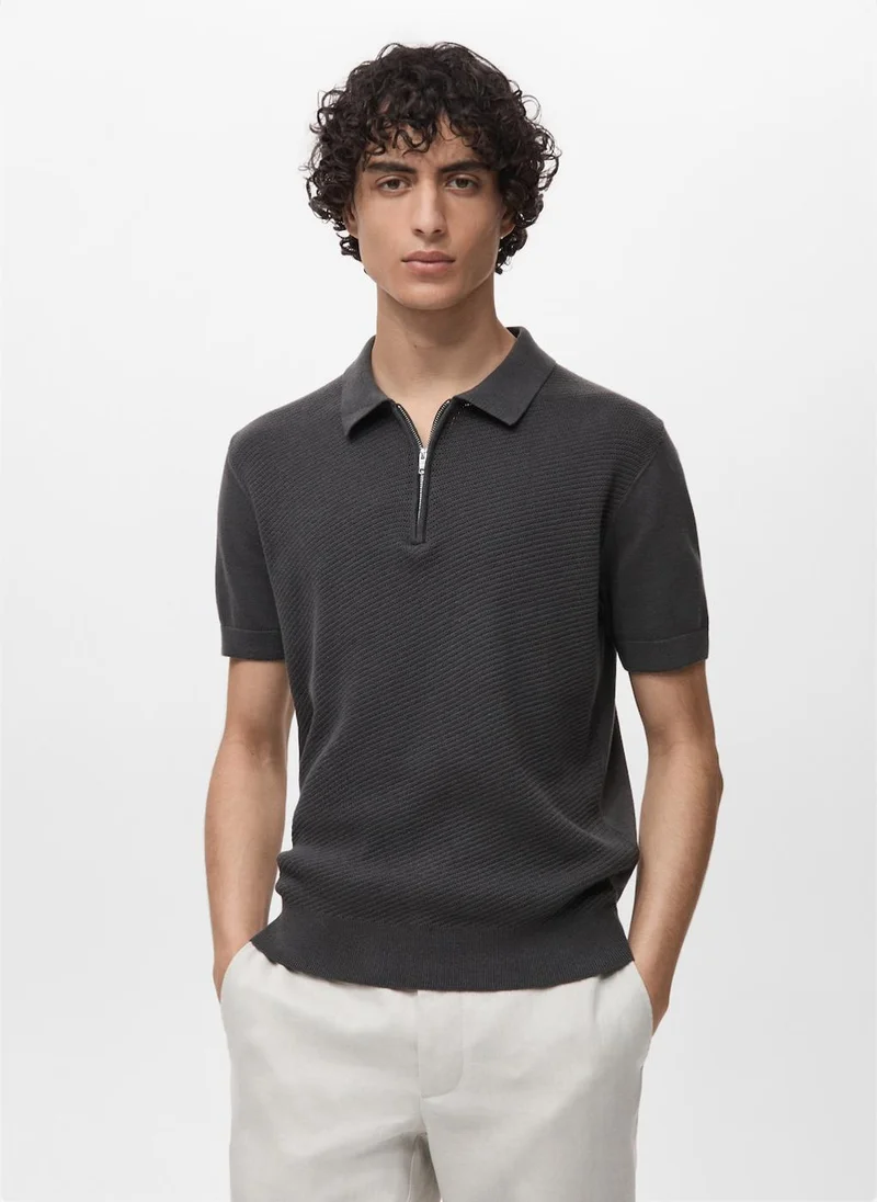 Mango Man Openwork Knitted Polo Shirt