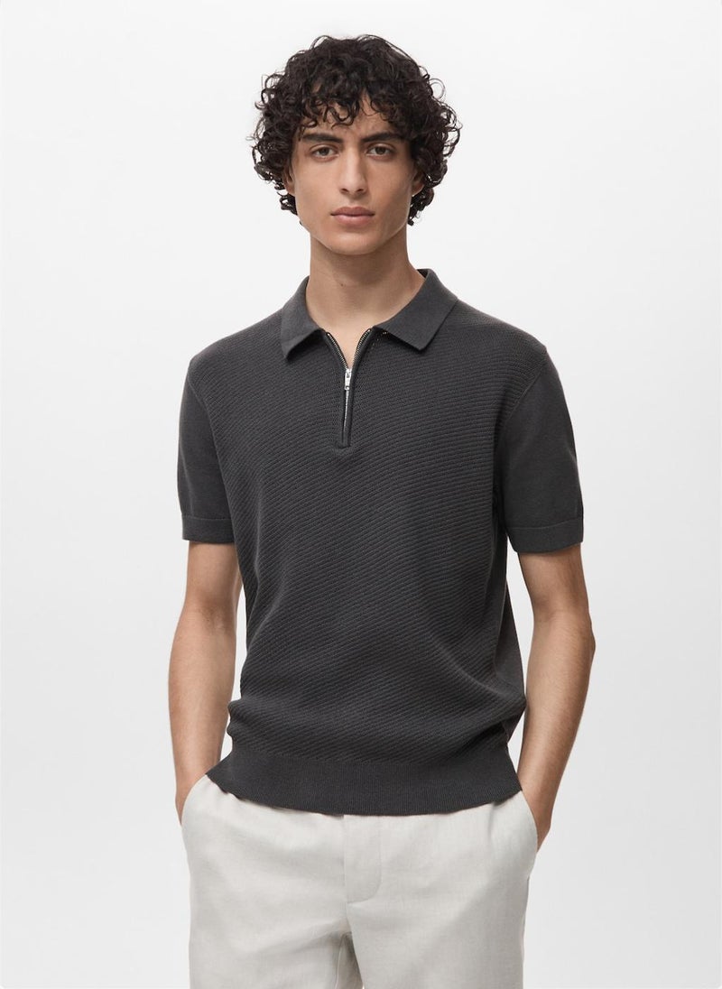 Mango Man Openwork Knitted Polo Shirt  - Image 1