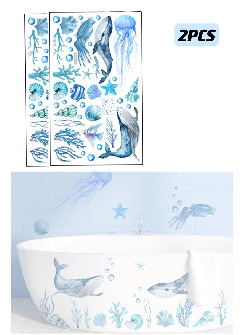 2 sheet Ocean Fish Wall Stickers, Sea Bottom Wall Stickers Marine Life Animal Wall Stickers Removable Waterproof Peel and Stick for Kids Bathroom  - Image 1