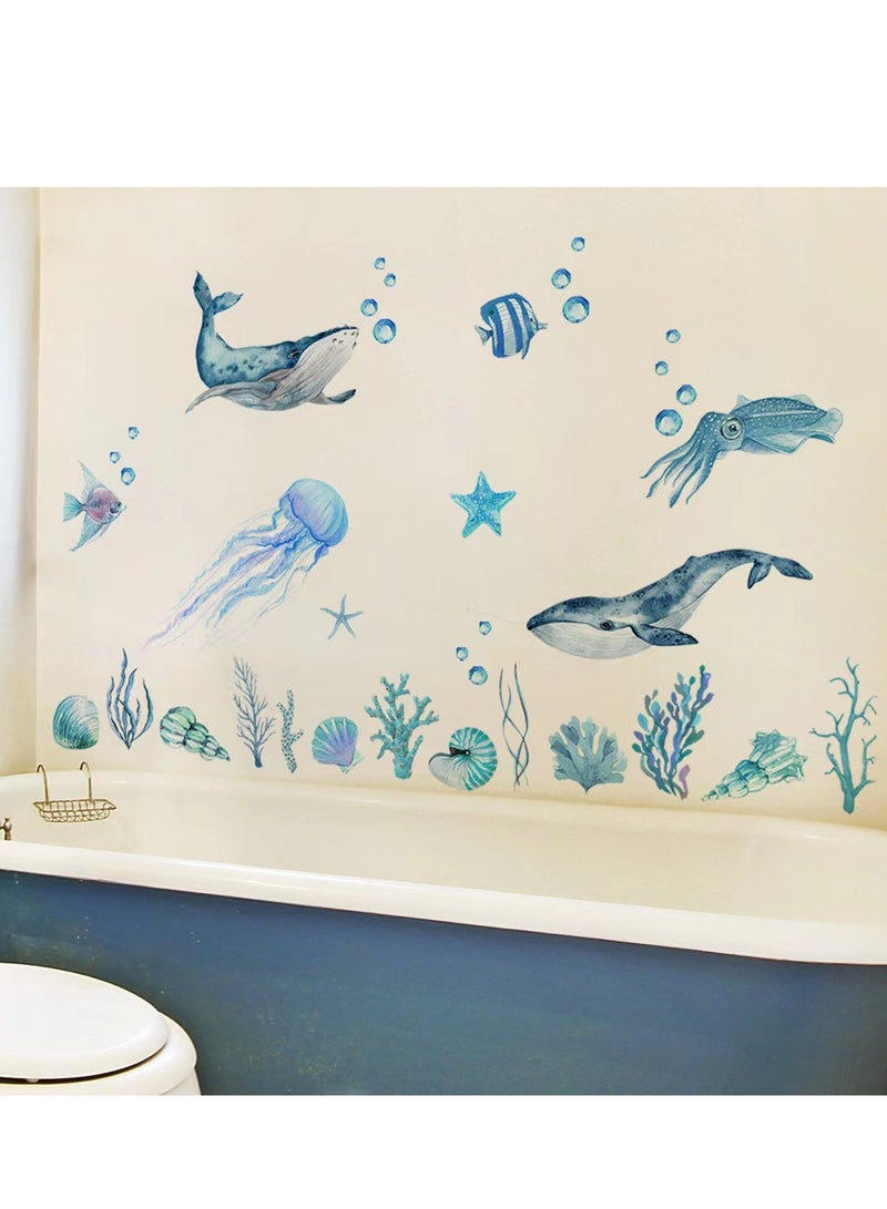 2 sheet Ocean Fish Wall Stickers, Sea Bottom Wall Stickers Marine Life Animal Wall Stickers Removable Waterproof Peel and Stick for Kids Bathroom  - Image 2