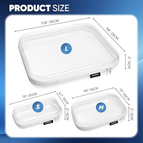 chufa 6 Pack Clear Hard Shell Zipper Case, See-Through Hard Plastic Organizer Pouches for Travel – Toiletries, Makeup, Electronics & Pencils, Crush-Resistant Storage, 3 Sizes (2 Small/2 Medium/2 Large) - Image 4