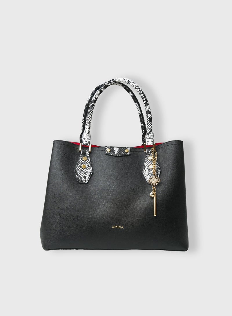 AMICA Celestina Women’s Leather Satchel Tote Handbag Reptile Print on Handle with Key Charm- Black - Image 1