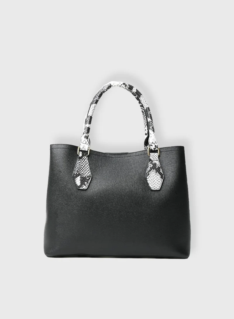 AMICA Celestina Women’s Leather Satchel Tote Handbag Reptile Print on Handle with Key Charm- Black