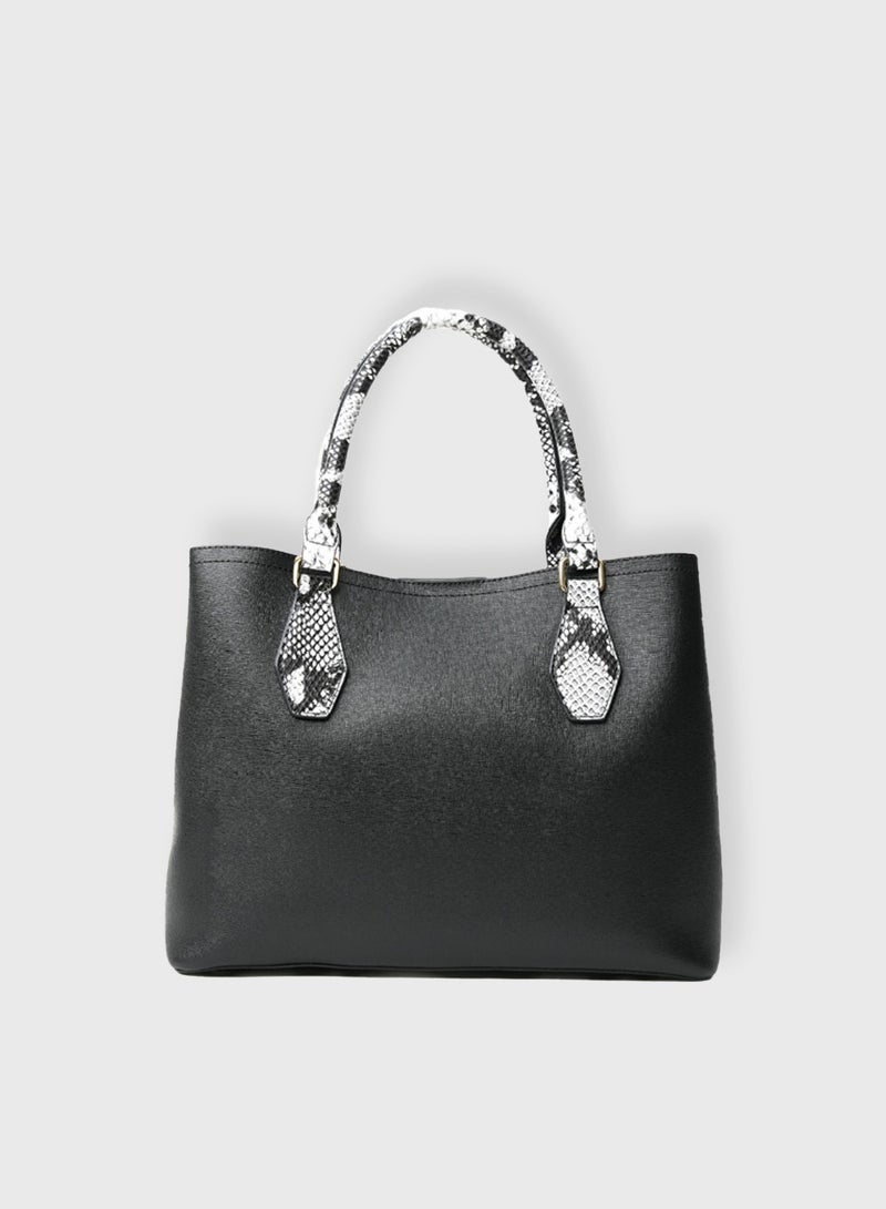AMICA Celestina Women’s Leather Satchel Tote Handbag Reptile Print on Handle with Key Charm- Black - Image 4