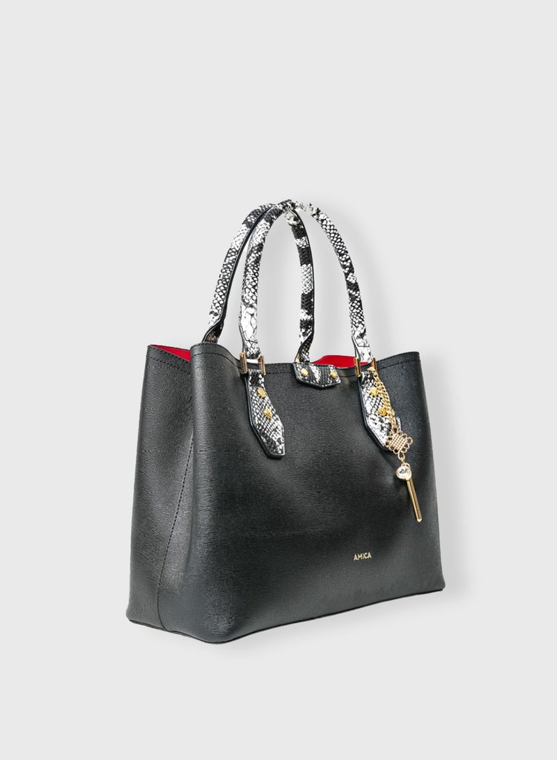 AMICA Celestina Women’s Leather Satchel Tote Handbag Reptile Print on Handle with Key Charm- Black - Image 2