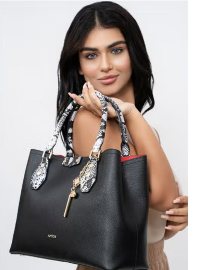 AMICA Celestina Women’s Leather Satchel Tote Handbag Reptile Print on Handle with Key Charm- Black - Image 5