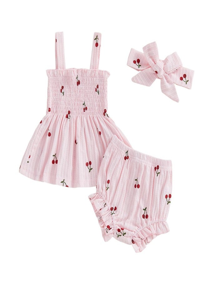 Thorn Tree Infant Girl Clothes Baby Outfits Sleeveless Strap Dress Tops Bloomer Shorts Bow Headband 3Pcs Summer Outfit (Pink, 3-6 Months) - Image 1