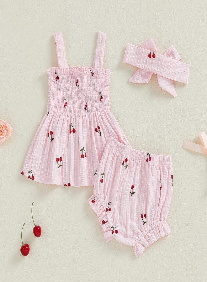 Thorn Tree Infant Girl Clothes Baby Outfits Sleeveless Strap Dress Tops Bloomer Shorts Bow Headband 3Pcs Summer Outfit (Pink, 3-6 Months) - Image 4