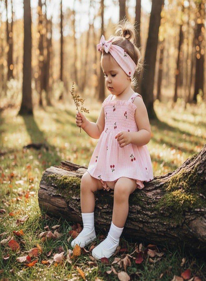 Thorn Tree Infant Girl Clothes Baby Outfits Sleeveless Strap Dress Tops Bloomer Shorts Bow Headband 3Pcs Summer Outfit (Pink, 3-6 Months) - Image 2