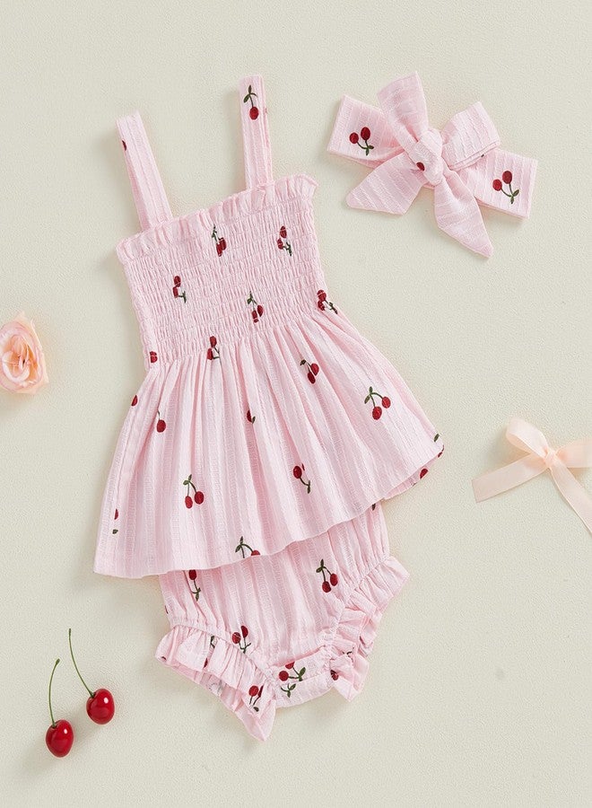 Thorn Tree Infant Girl Clothes Baby Outfits Sleeveless Strap Dress Tops Bloomer Shorts Bow Headband 3Pcs Summer Outfit (Pink, 3-6 Months) - Image 3