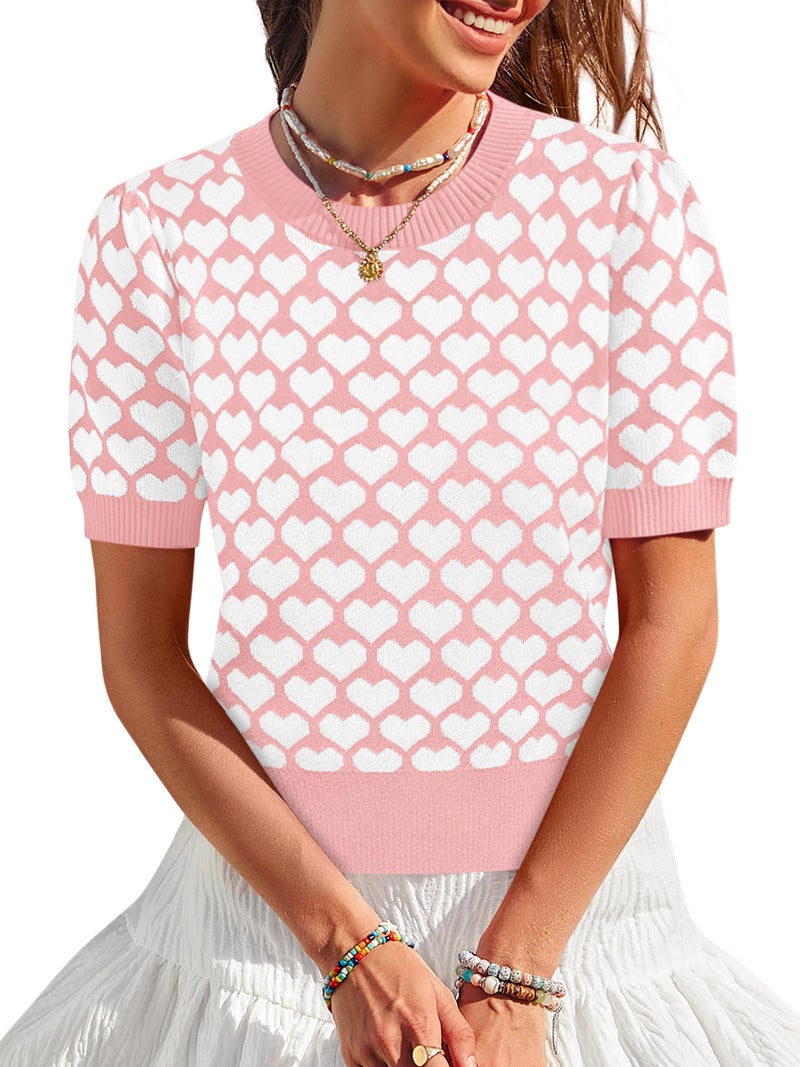 Yousify Women Puff Short Sleeve Sweater Casual Cropped Knit Shirts Cute Heart Valentines Graphic Print Pullover Top 2025 Pink - Image 2
