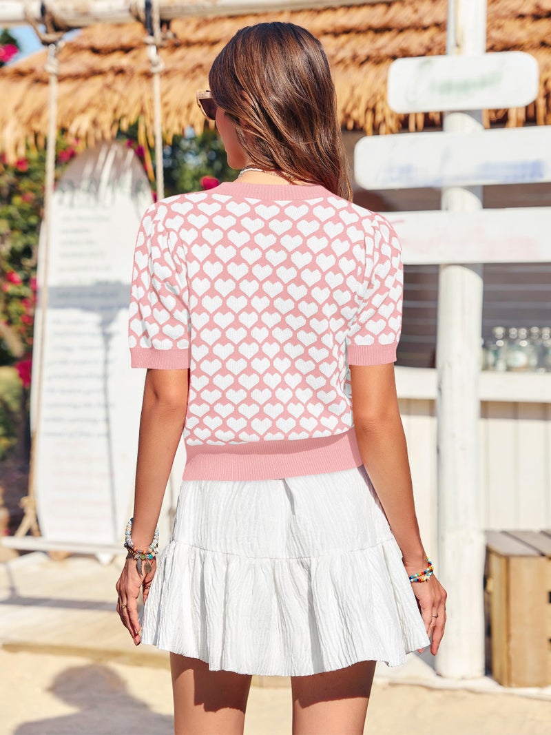 Yousify Women Puff Short Sleeve Sweater Casual Cropped Knit Shirts Cute Heart Valentines Graphic Print Pullover Top 2025 Pink - Image 3