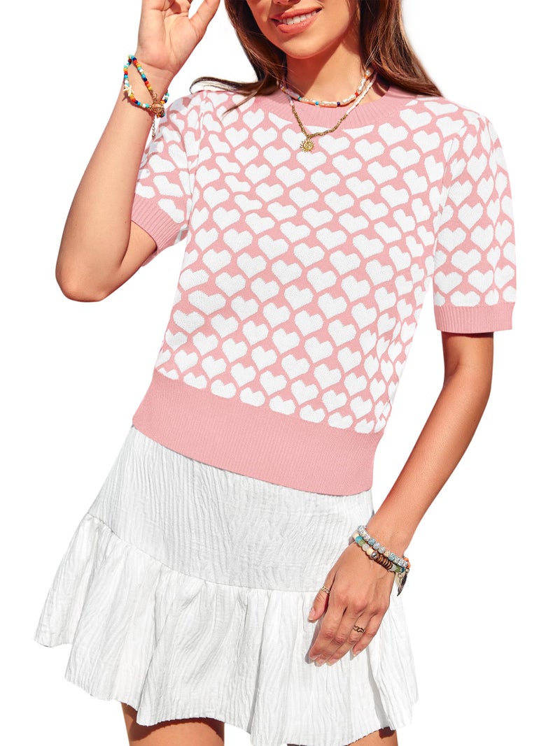 Yousify Women Puff Short Sleeve Sweater Casual Cropped Knit Shirts Cute Heart Valentines Graphic Print Pullover Top 2025 Pink - Image 1