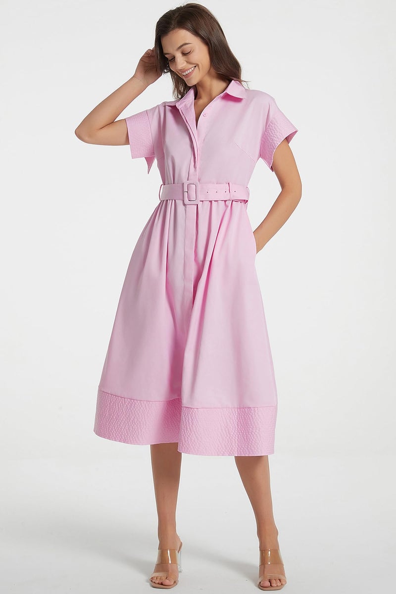 Ladyful Women Casual Button Down Shirt Dress Short Wing Sleeve Buiness Midi Shirt Dress with Belt Elegant Dress Pink - Image 2