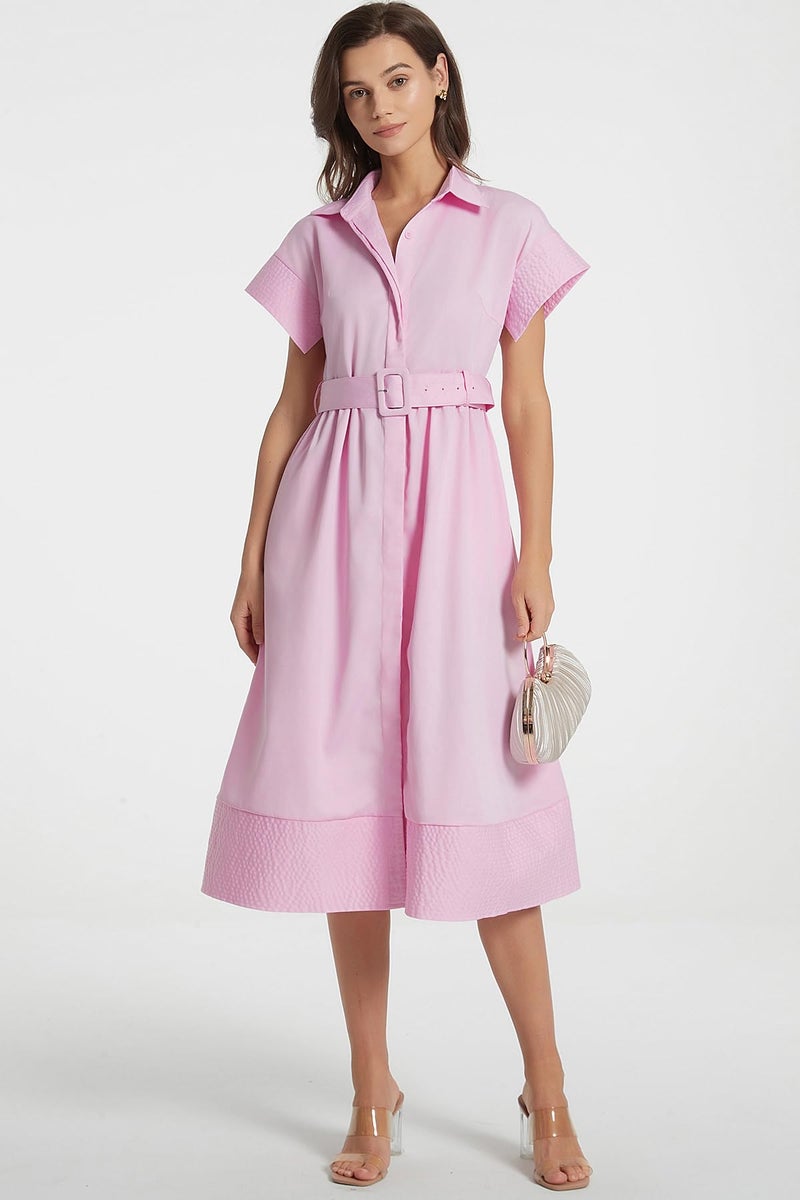 Ladyful Women Casual Button Down Shirt Dress Short Wing Sleeve Buiness Midi Shirt Dress with Belt Elegant Dress Pink - Image 5