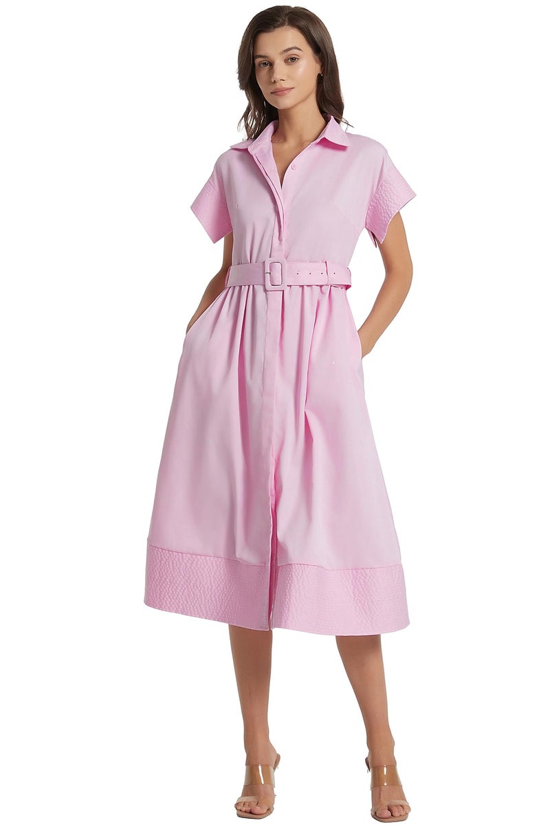 Ladyful Women Casual Button Down Shirt Dress Short Wing Sleeve Buiness Midi Shirt Dress with Belt Elegant Dress Pink - Image 1