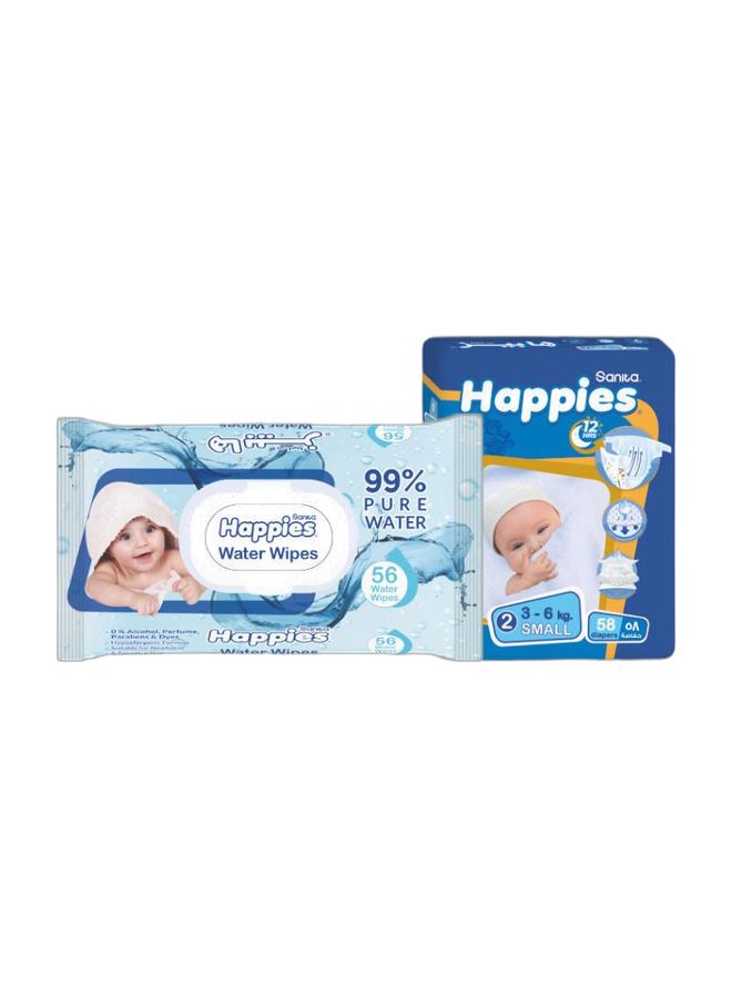 هابيس حفاضات اطفال صغيره (مقاس 2) 58 حفاضة+ مناديل مبللة 56 منديل - Image 1